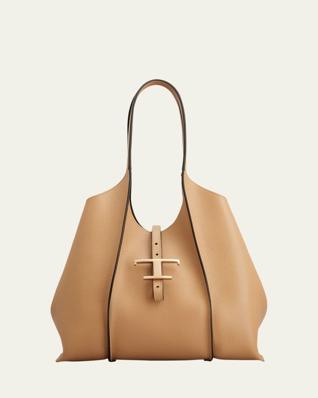 Ribbed Grain Leather Shopper Tote Bag
